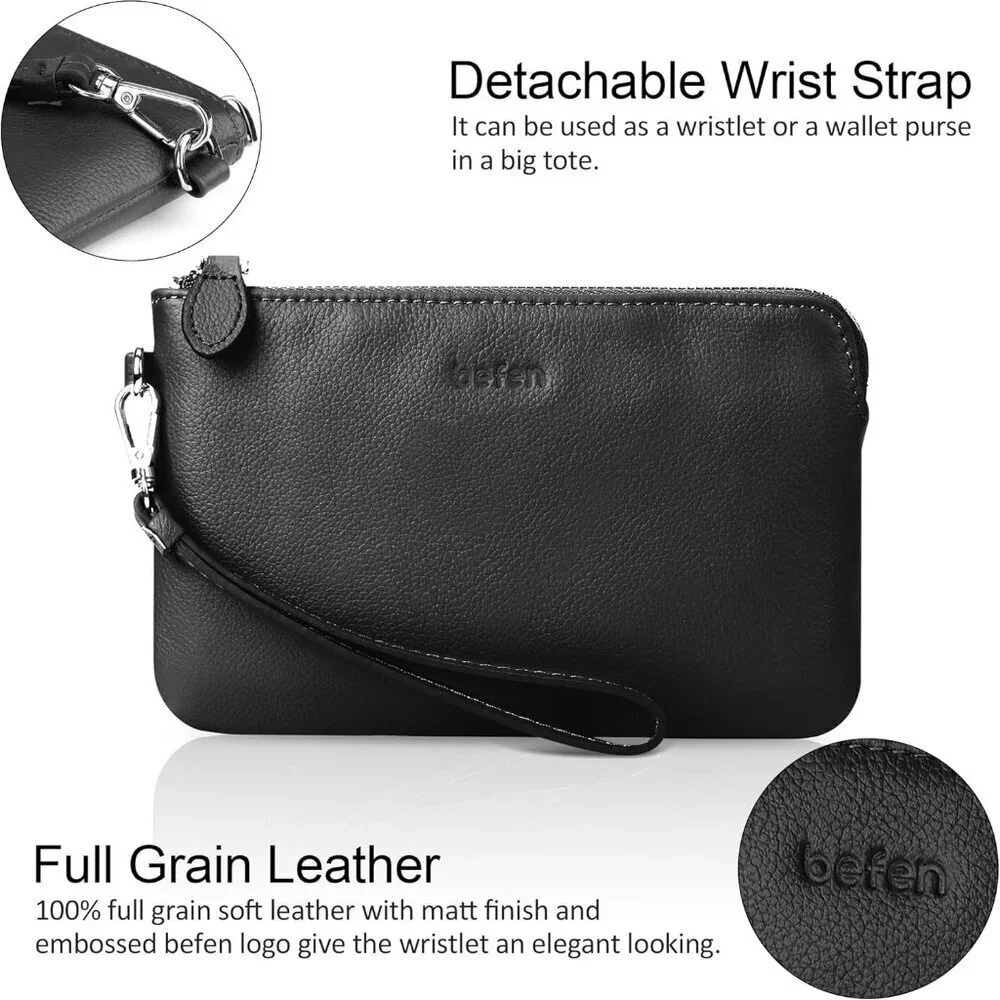 Genuine Leather Wristlet Clutch for Women with Card Slots and Smartphone Pocket
